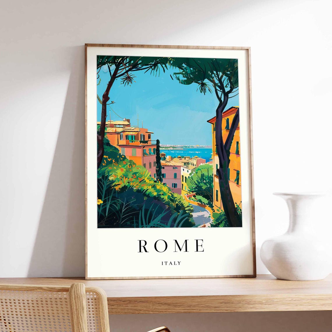 Rome Italy Hillside Rooftops Distant Sea View Retro Travel Poster