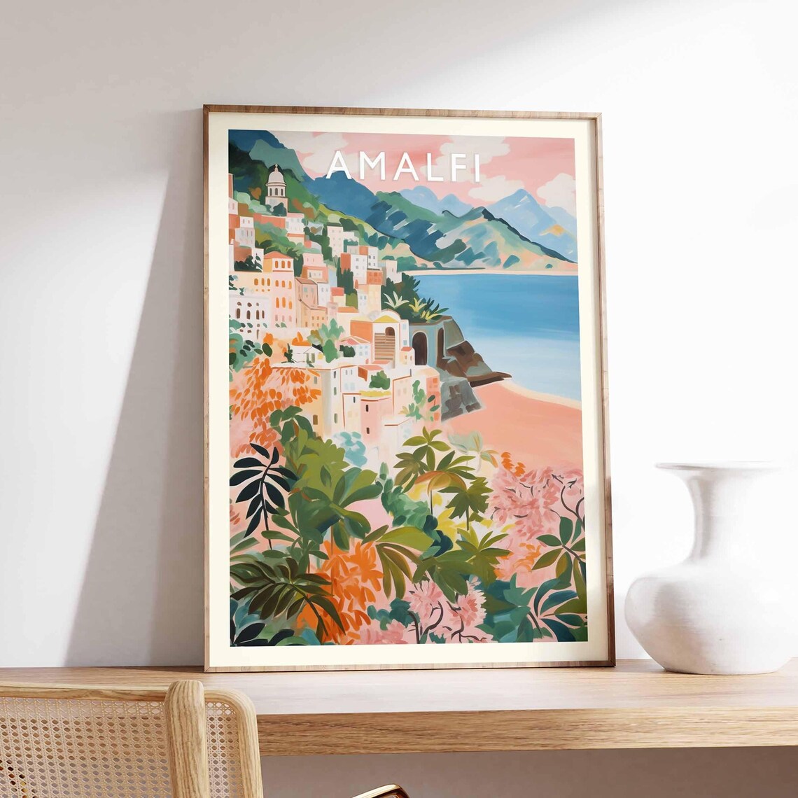 Amalfi Italy Coast Town Pink Bougainvillea Seaside Art Poster