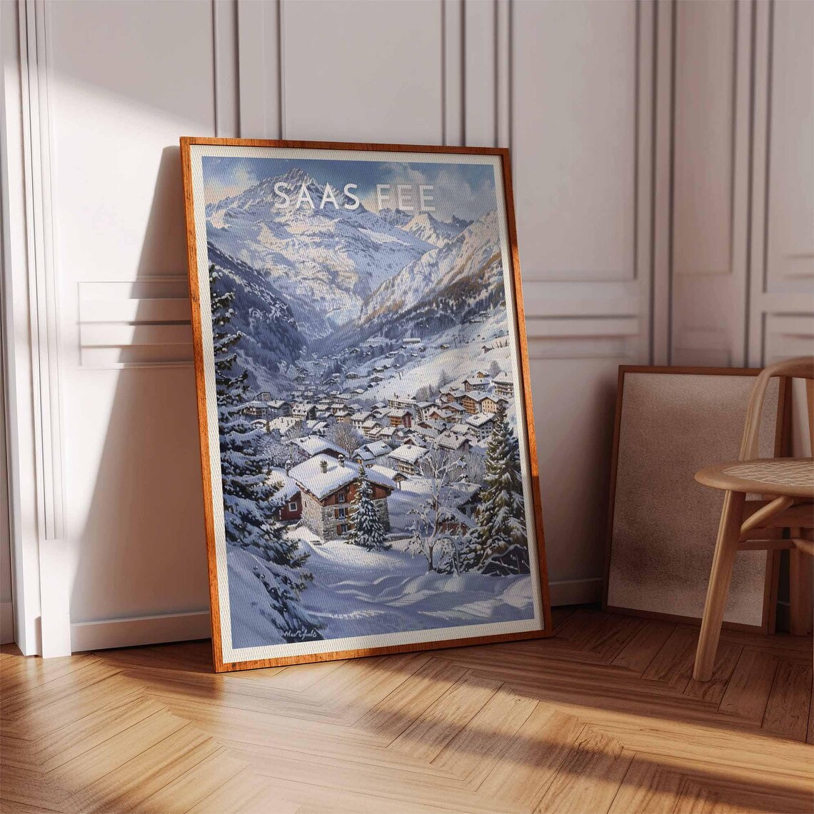 Saas Fee Switzerland High Valley Village Chalets Framed By Pines Poster - Image 3