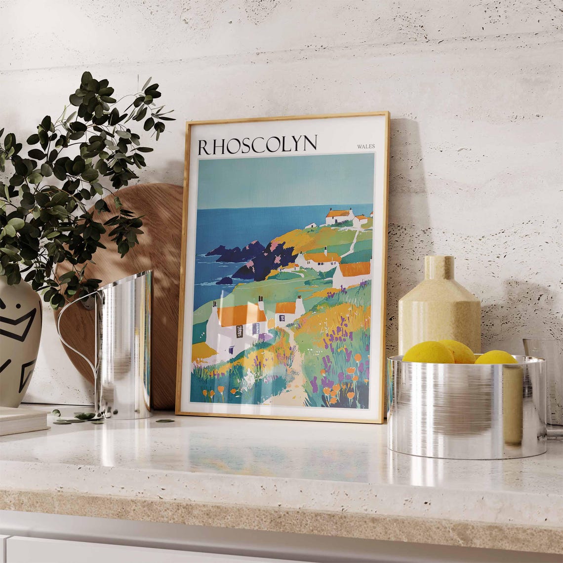 Rhoscolyn Wales White Cottages Green Hillside Flat Art Poster - Image 3