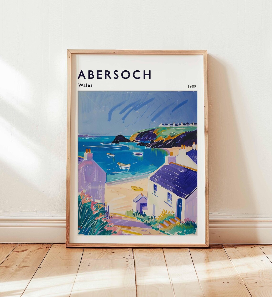 Abersoch Wales 1989 Purple Beach Boats Coastal Travel Poster