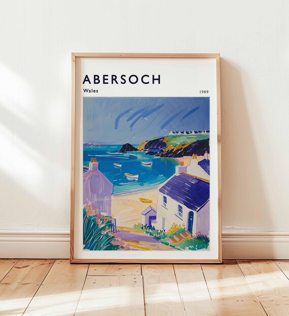 Abersoch Wales 1989 Purple Beach Boats Coastal Travel Poster