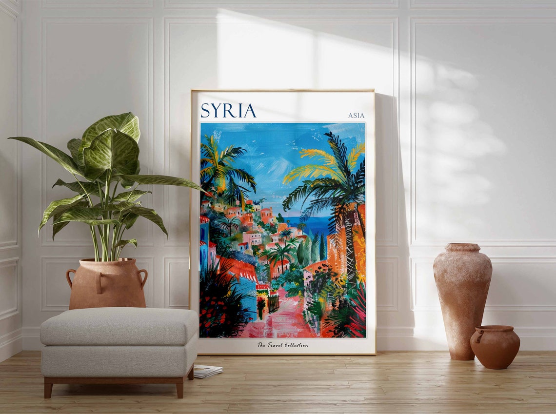Syria Asia Colorful Hillside Coastal Town Palms Sea View Poster - Image 2