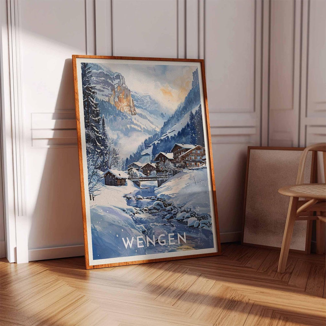 Wengen Switzerland Snowy Stream Chalets Winter Village Travel Poster - Image 3