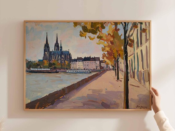 Cologne Cathedral River Promenade Autumn Trees Oil Painting Poster