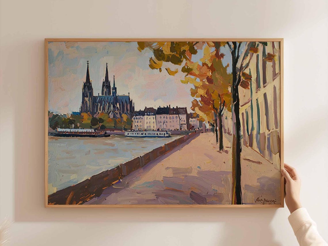 Cologne Cathedral River Promenade Autumn Trees Oil Painting Poster