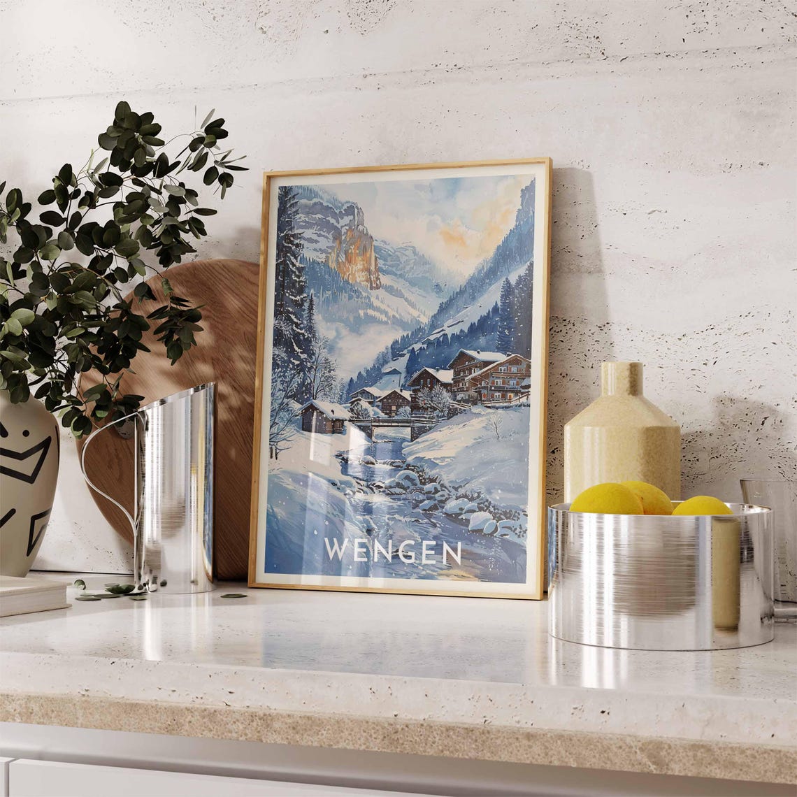 Wengen Switzerland Snowy Stream Chalets Winter Village Travel Poster - Image 2