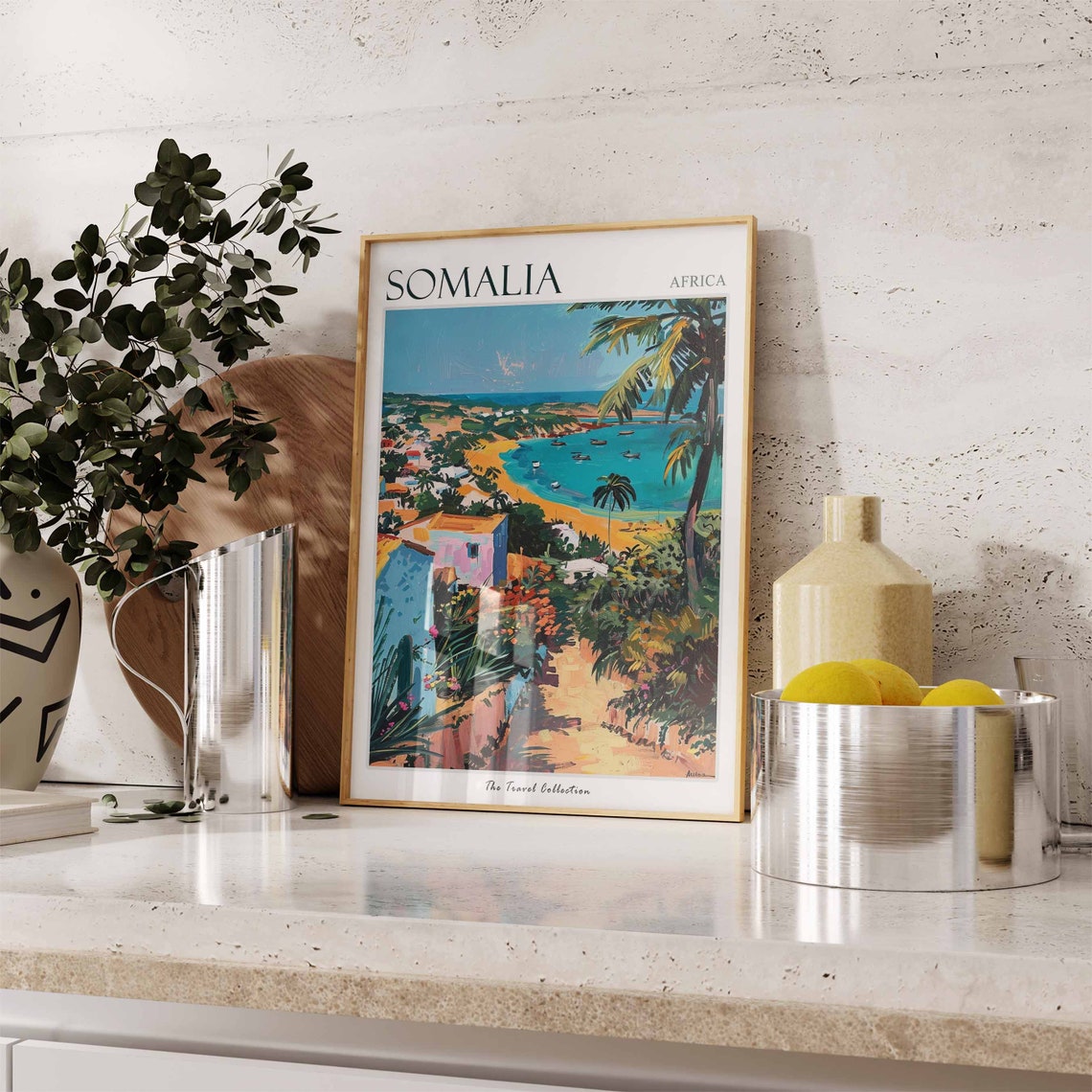 Somalia Sandy Beach Bay Boats Coastal Hillside Houses Poster - Image 3