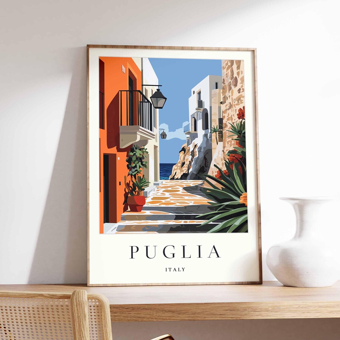 Puglia Italy Coastal Alley Stone Steps to the Sea View Poster