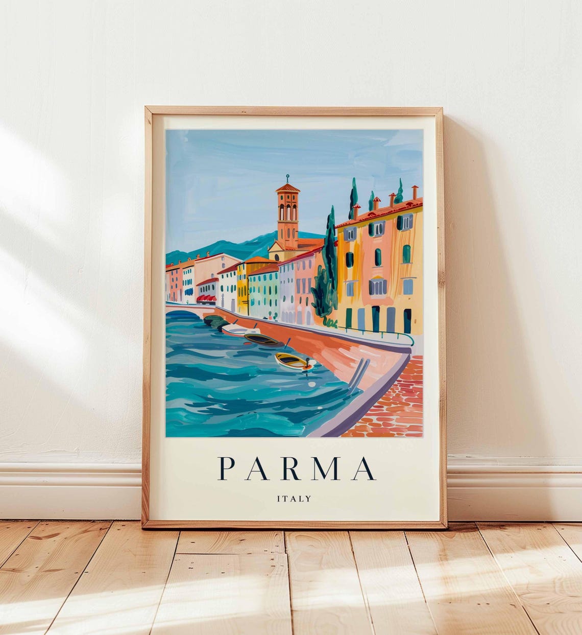 Parma Italy Charming River With Pastel Houses Painted Travel Poster