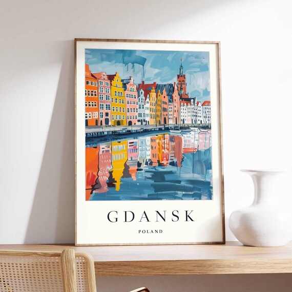 Gdansk Poland Travel Poster Colorful Old Town Riverfront Houses Artwork