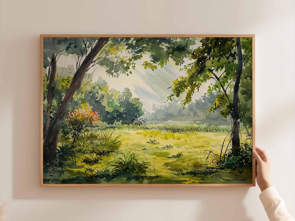 Bangladesh Sunlit Meadow Watercolor Painting Green Forest Print