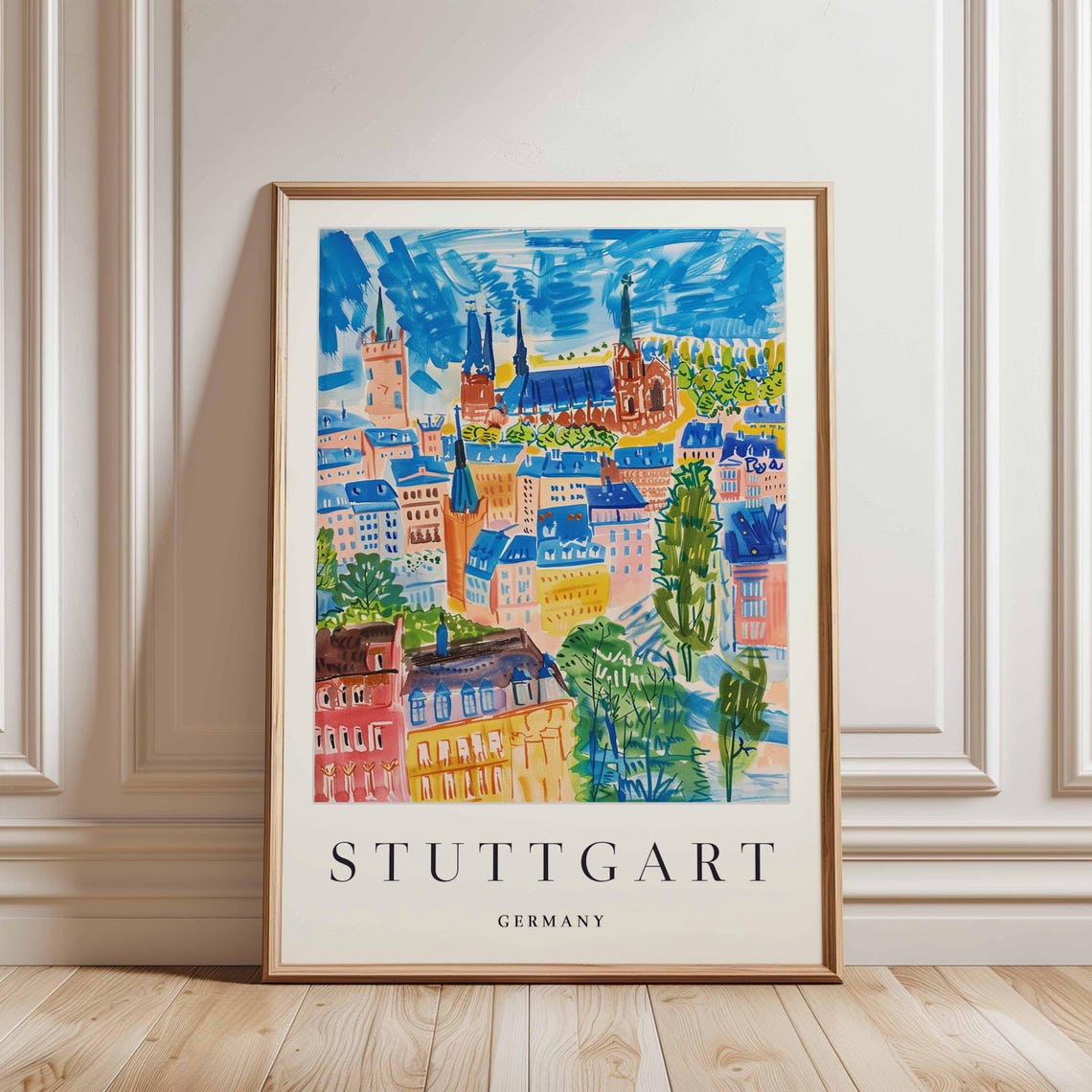Stuttgart Germany Watercolor Old Town with Church Spires Art Poster - Image 3