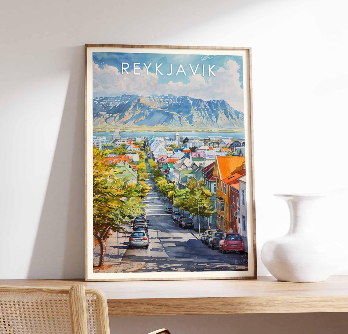 Reykjavik Iceland Colorful Street Mount Esja City View Poster