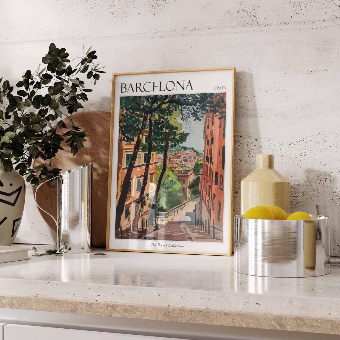 Barcelona Spain Orange Facades Tree Lined Street Painting Poster - Image 3