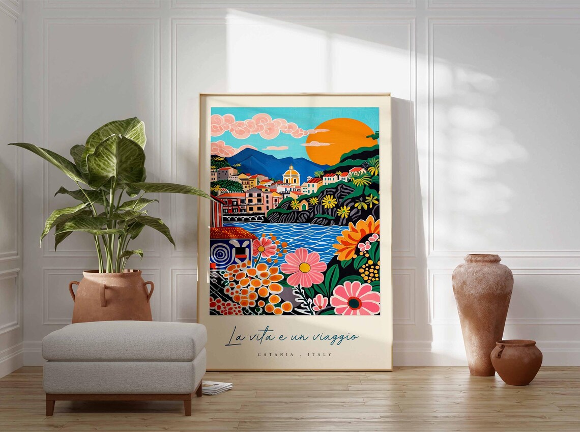 Catania Italy La Vita e un Viaggio Folk Art Sun Bay Flowers Poster - Image 3