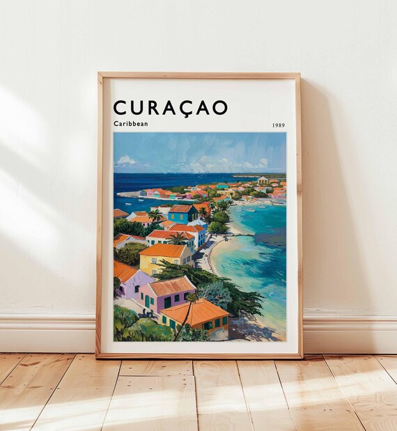 Curacao Caribbean 1989 Panoramic Coastal Town Watercolor Poster