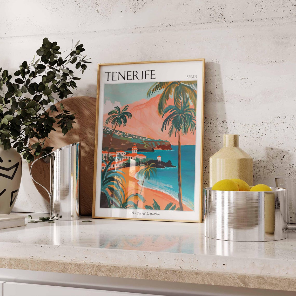 Tenerife Spain Palm Beach Mountain Colorful Painting Travel Poster - Image 2