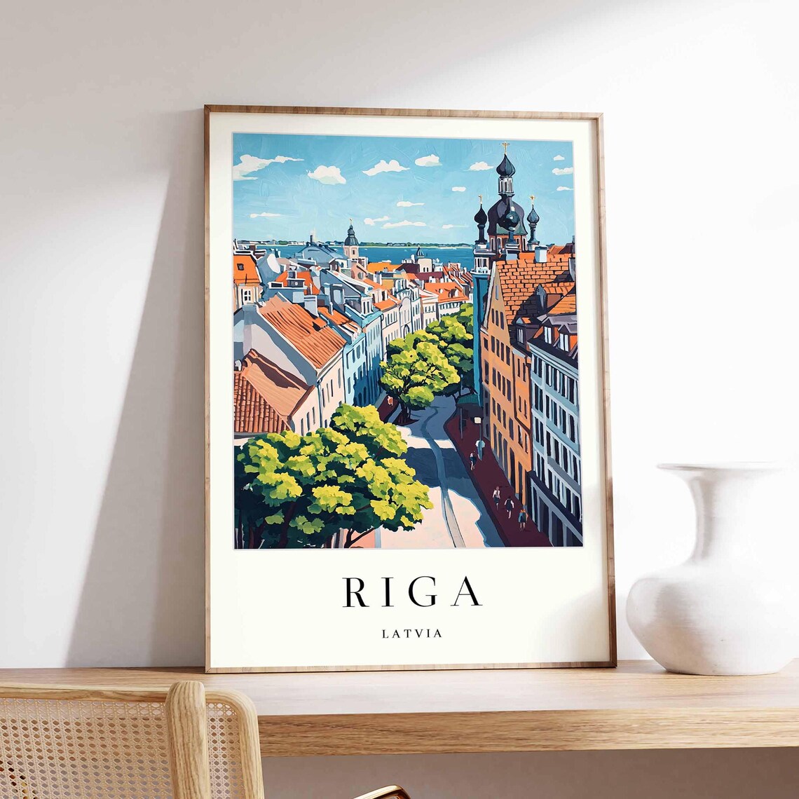 Riga Latvia Old Town Street Scene With Historic Church Domes Travel Poster