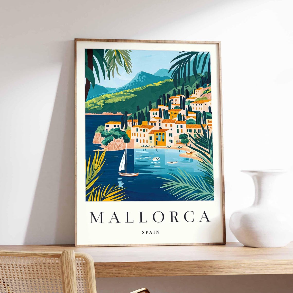 Mallorca Spain Coastal Village Cove Sailboat Travel Art Poster