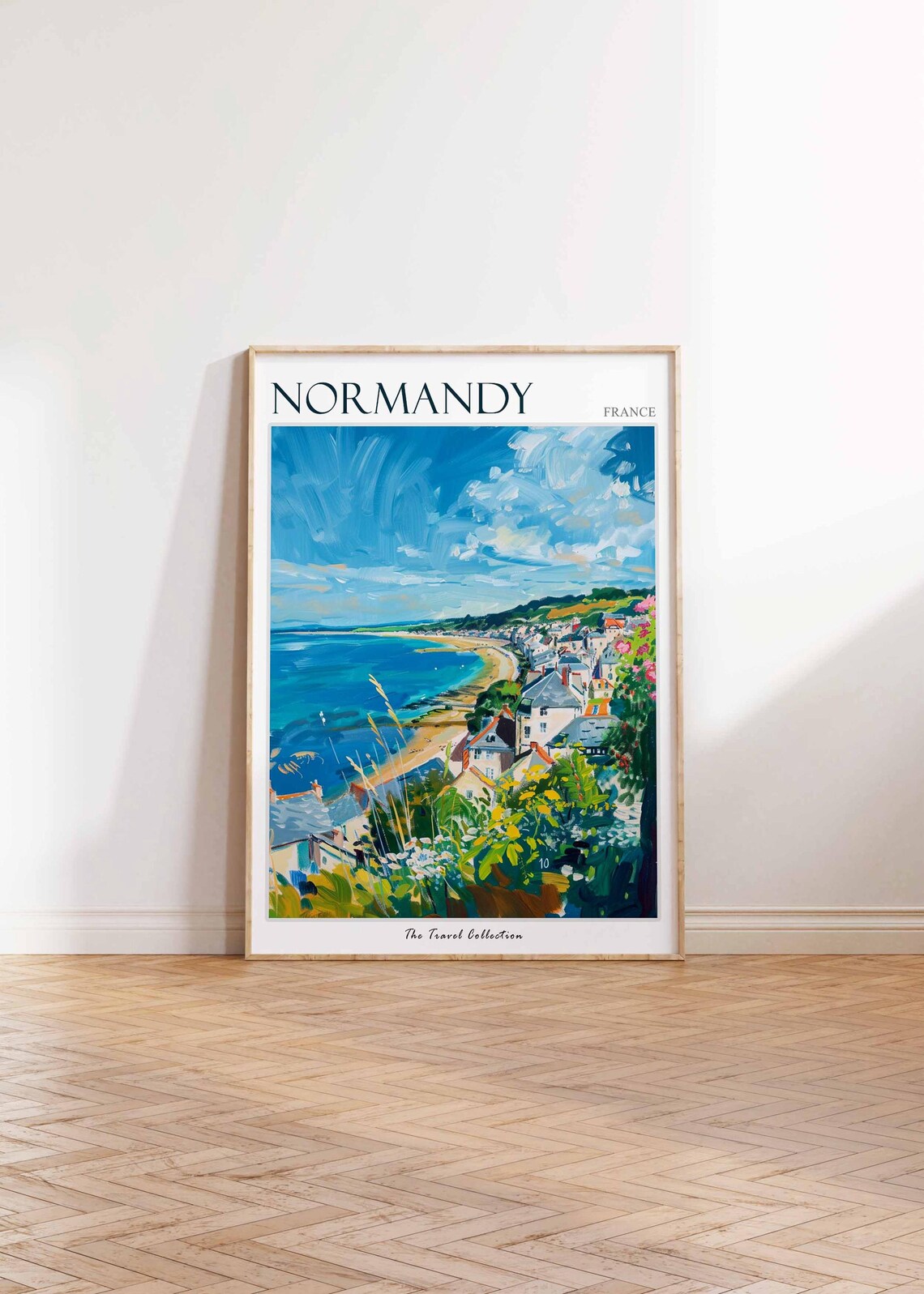 Normandy France Curved Beach Coastal Town Painting Travel Poster - Image 2