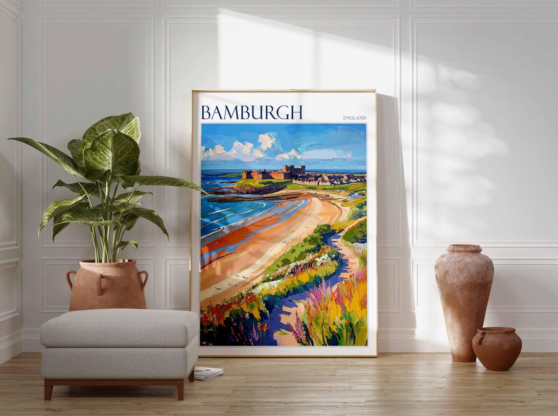 Bamburgh England Castle Beach Wildflowers Art Travel Collection Poster - Image 3
