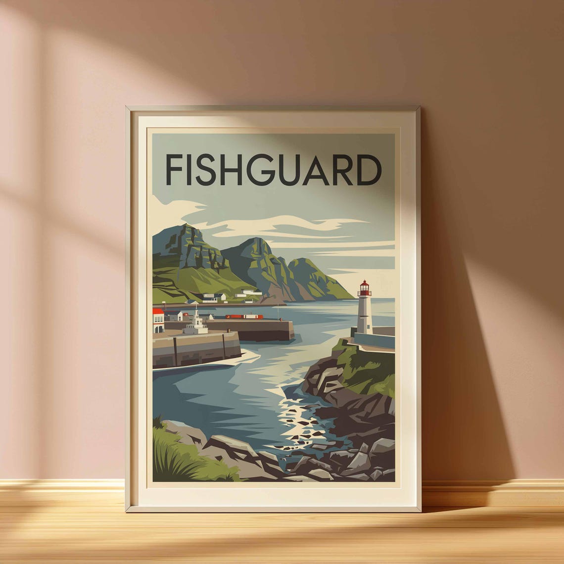 Fishguard Harbour Lighthouse and Mountain Bay Illustration Poster - Image 3