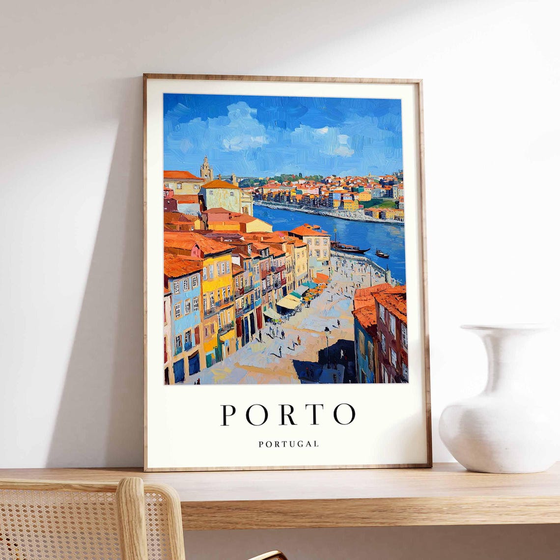 Porto Ribeira Colorful Street Scene and Riverside Plaza Poster