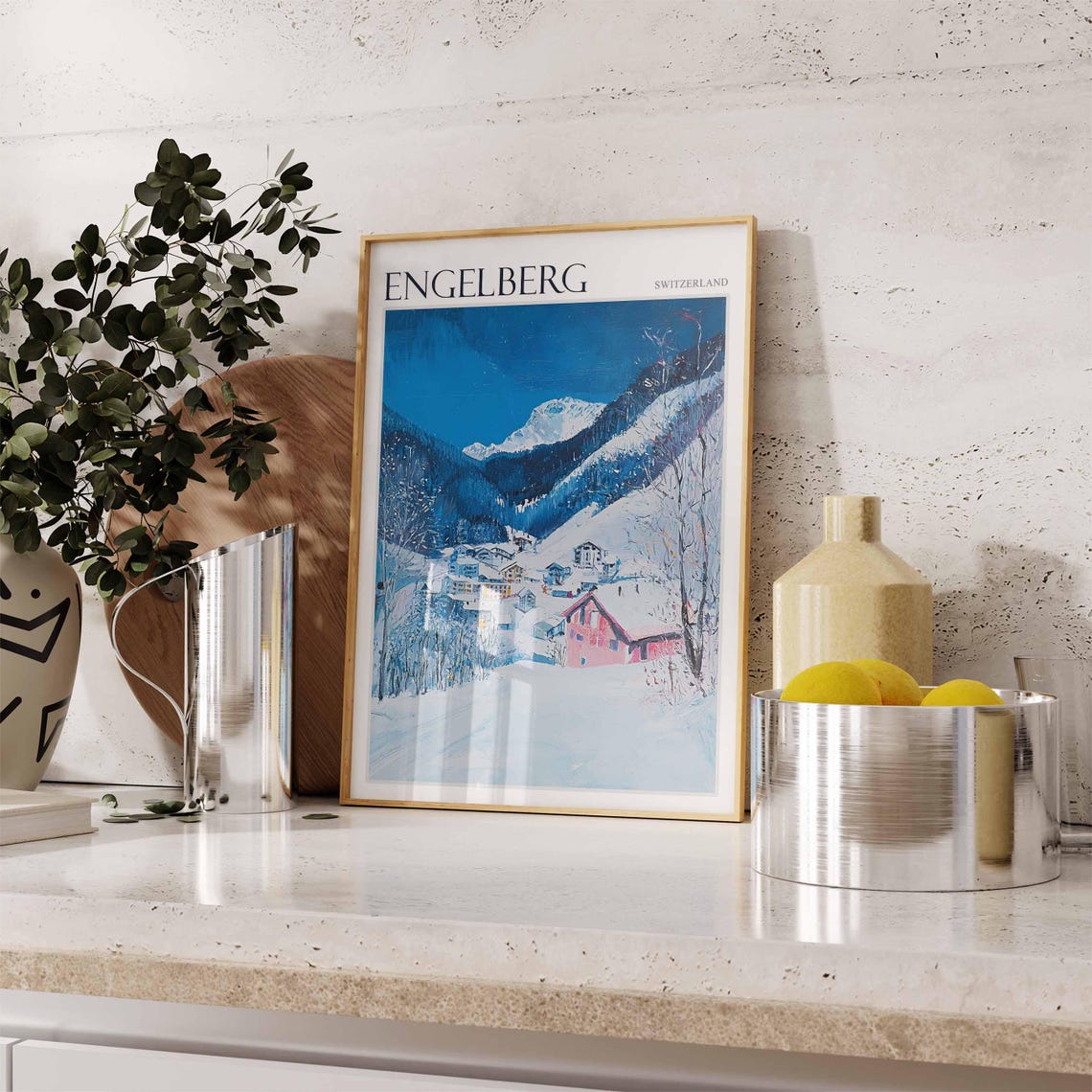 Engelberg Switzerland Snowy Village Night Scene Alpine Glow Art Poster - Image 2