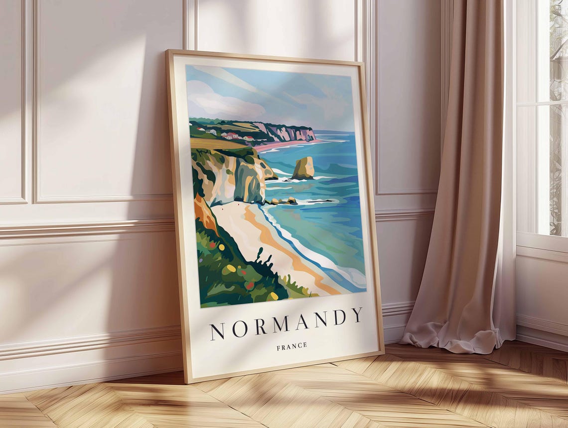 Normandy France Bold Modern Cliff Art Turquoise Sea Stack Beach Poster - Image 2
