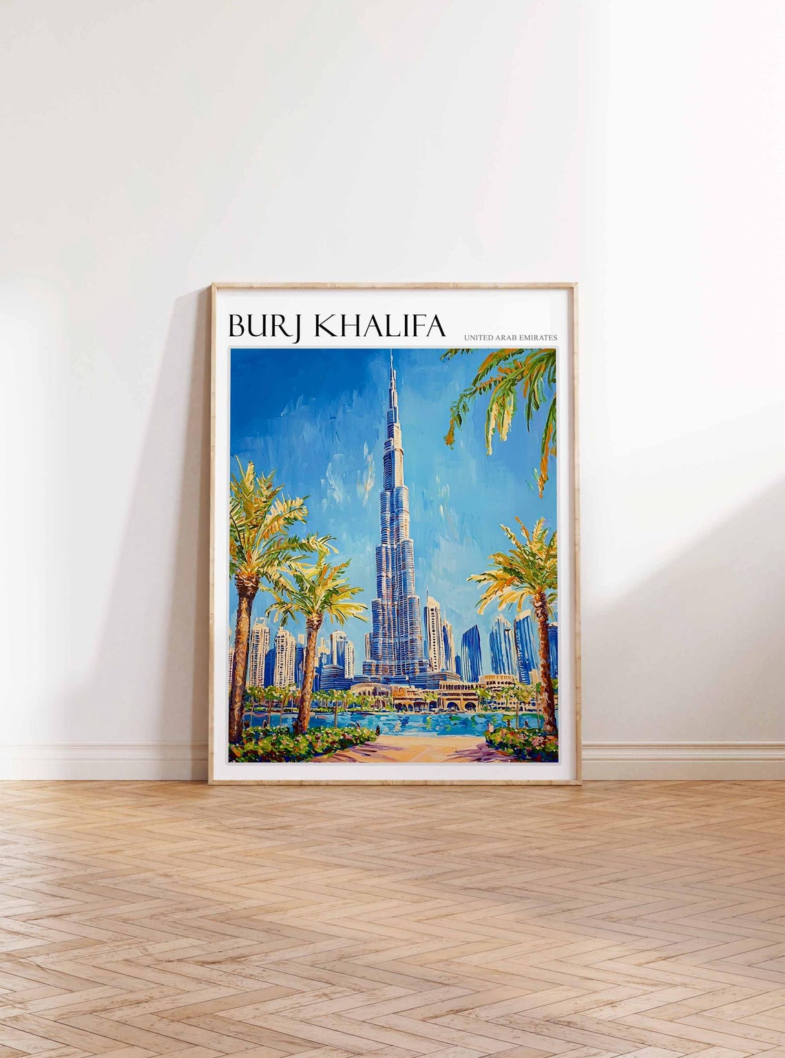 Burj Khalifa Dubai Lakeside Walkway Palm Trees Oil Art Poster - Image 3