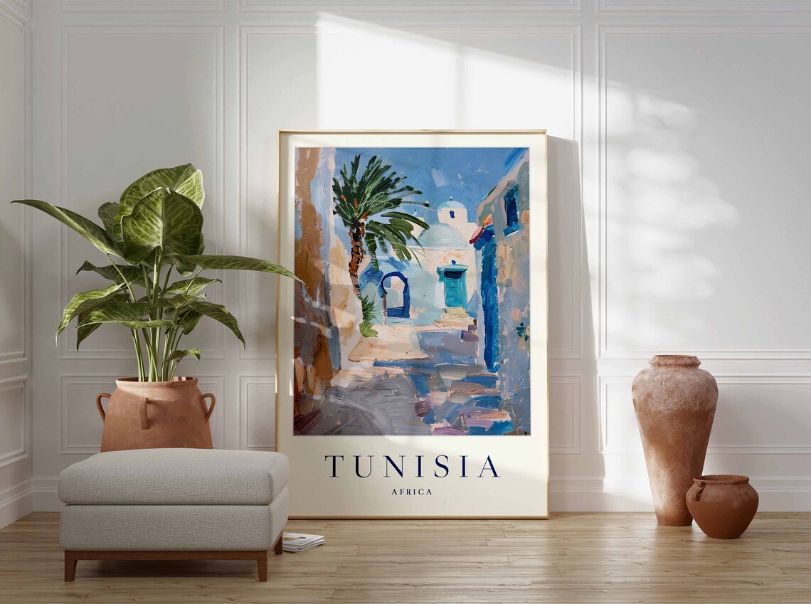 Tunisia Africa Blue Old Town Alley Travel Poster Coastal Decor - Image 3