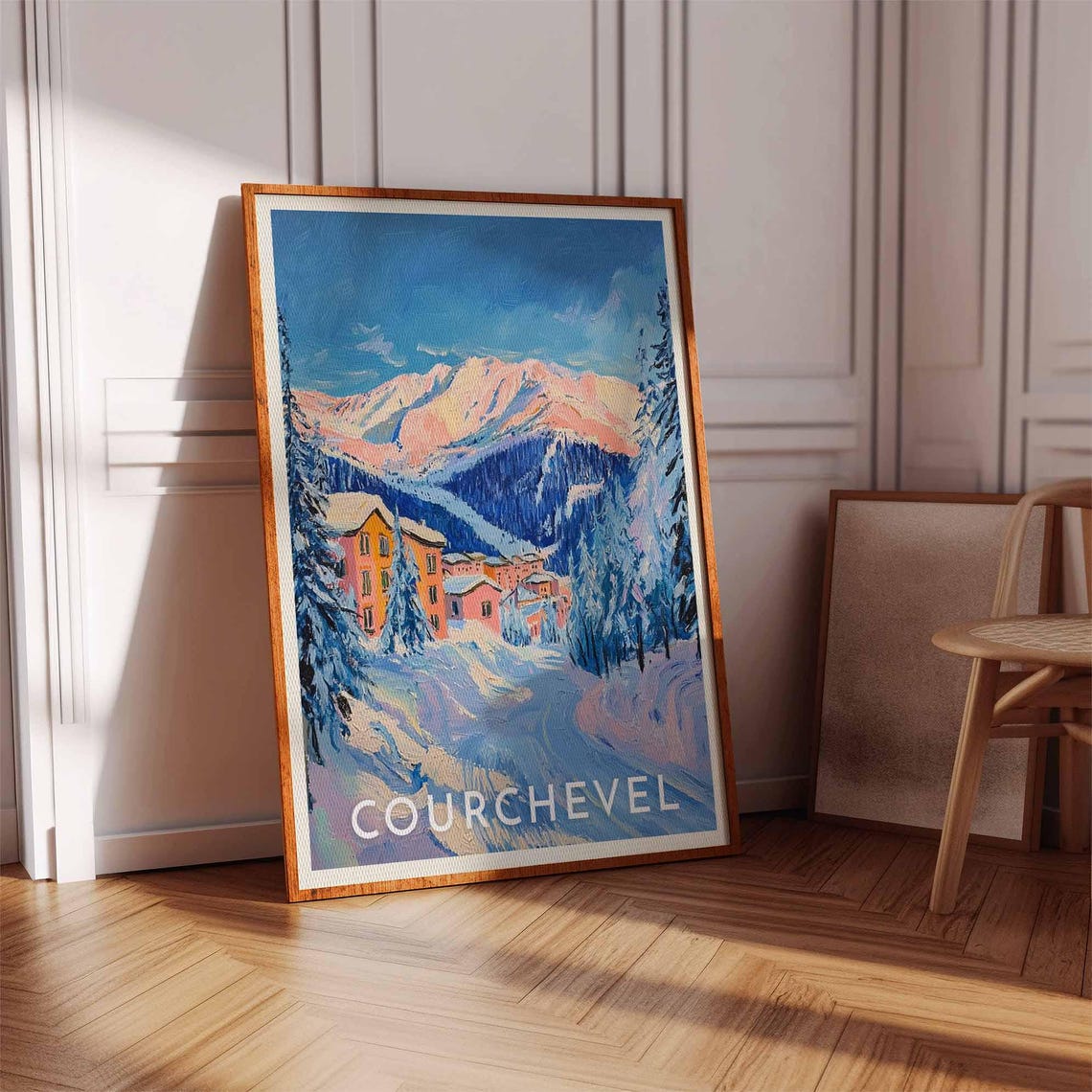 Courchevel France Alpenglow Village Poster with Pink Alpine Lodges - Image 2
