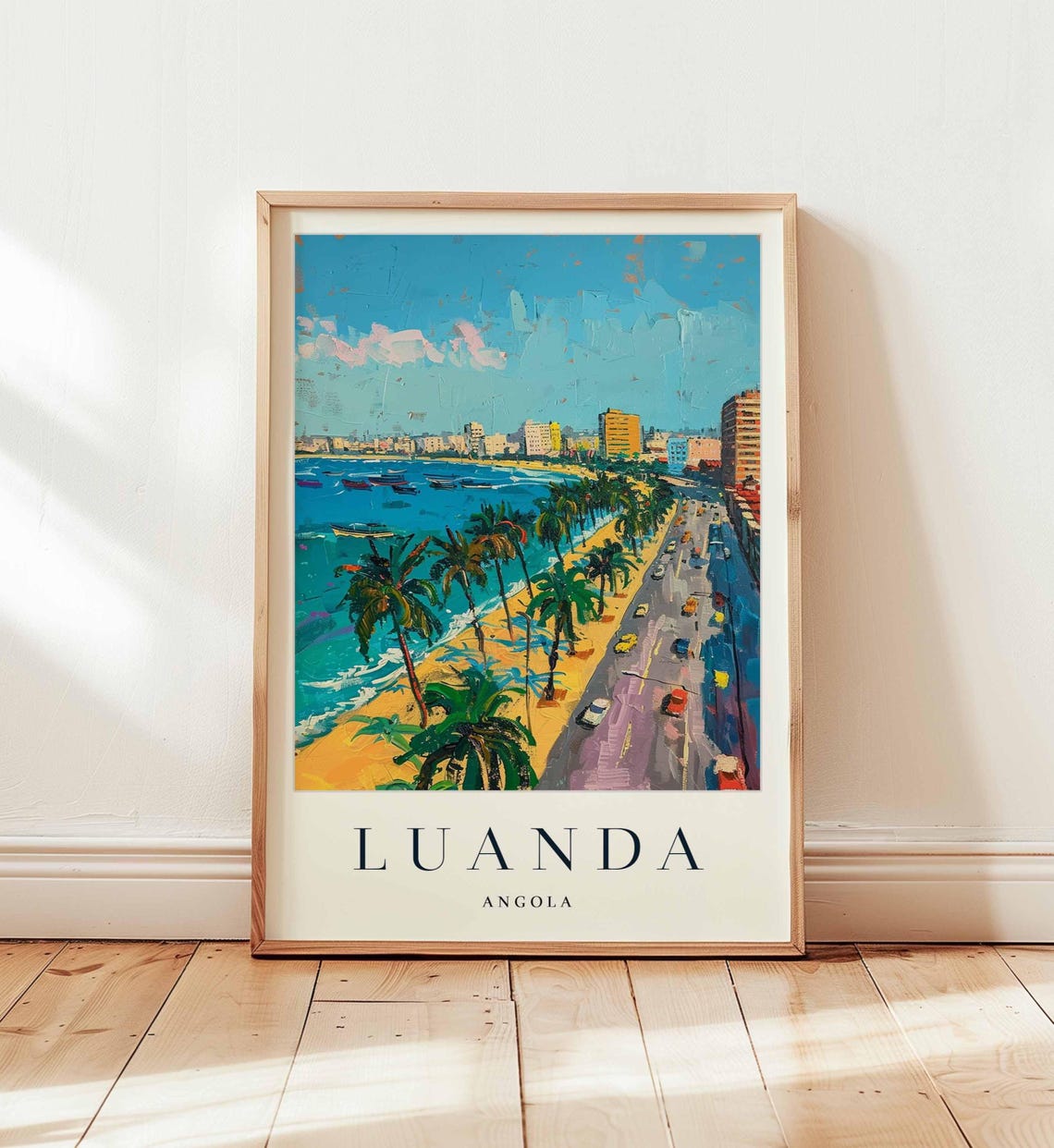 Luanda Angola Sunny Beachfront Boulevard Palm Trees Travel Poster