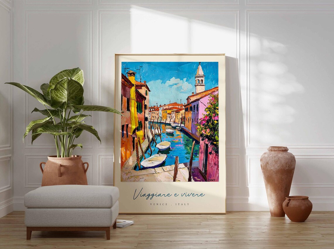 Venice Italy Colorful Canal Boats Bell Tower Watercolor Travel Poster - Image 3