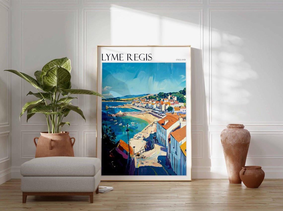 Lyme Regis England Hilltop View Over Town Harbor Boats Poster - Image 3