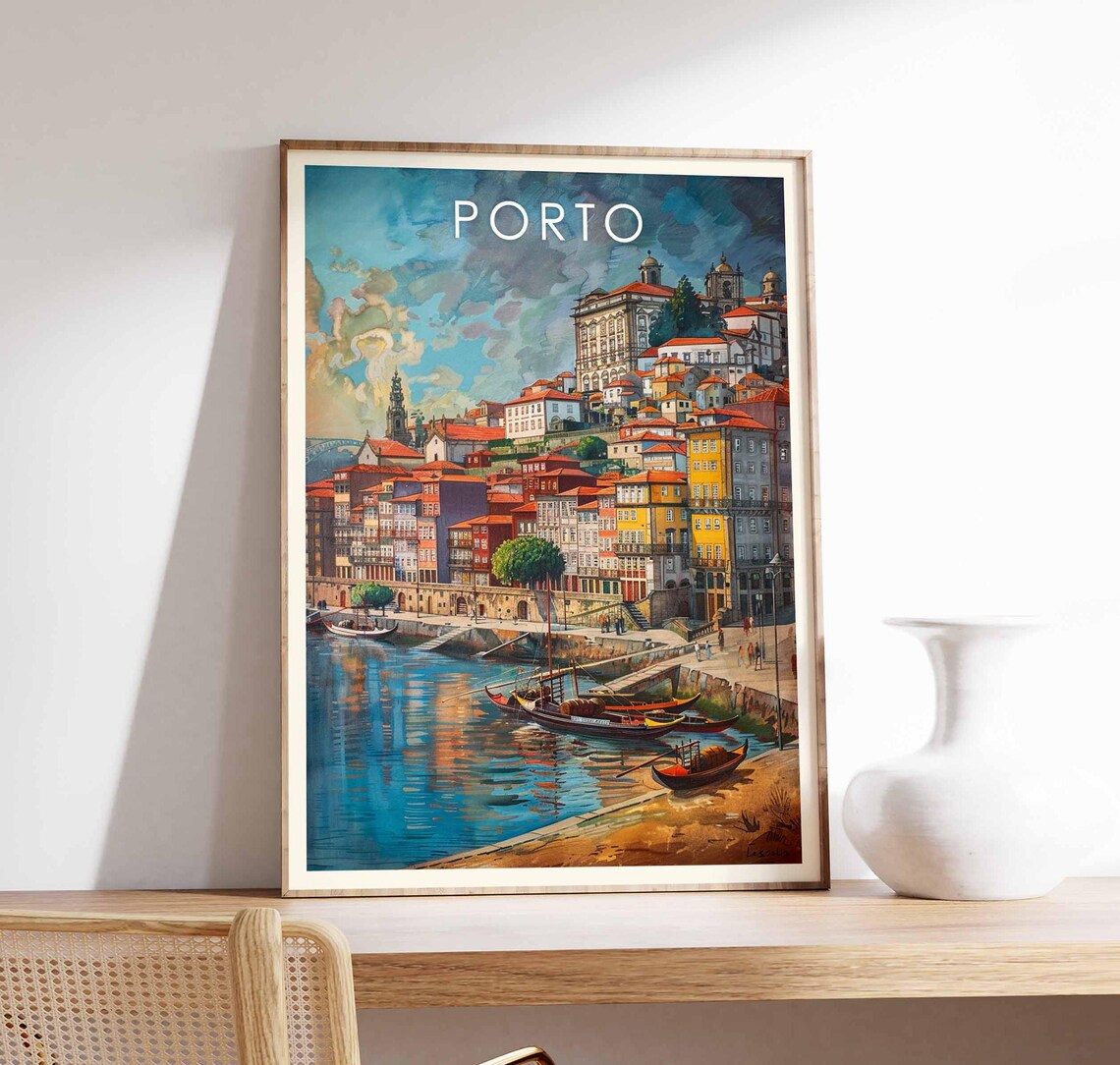 Porto Portugal Riverside Old Town Douro Boats Sunset Scene Poster