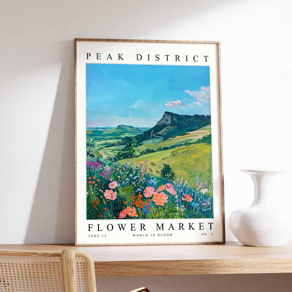 Peak District Rocky Crag Green Valley Bloom Meadow Sunny Sky Poster