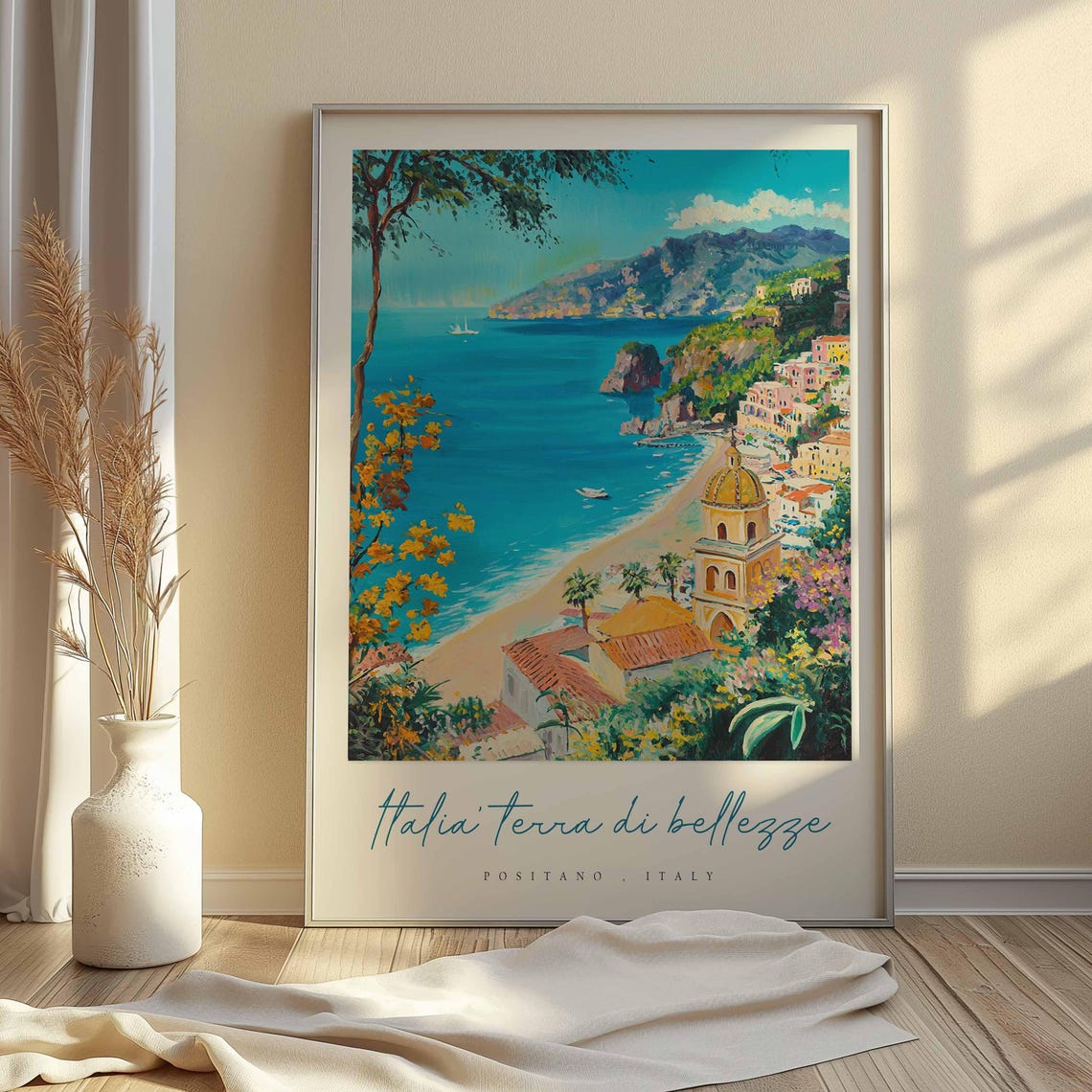 Positano Italy Beach Bell Tower Golden Sand Shore Seaside Art Poster - Image 2