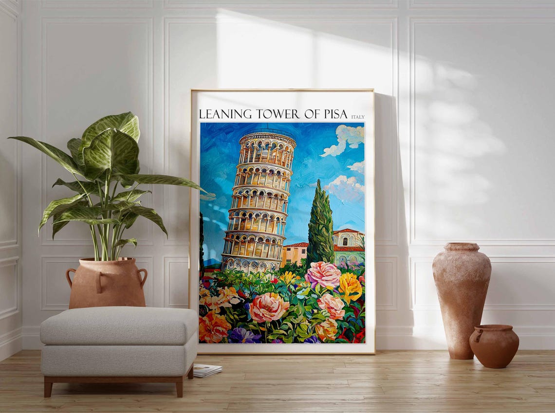 Leaning Tower Of Pisa Poster Leaning Tower Of Pisa Travel Print Italian Travel Poster Tropical Decor Travel Gift Coastal Decor - Image 2