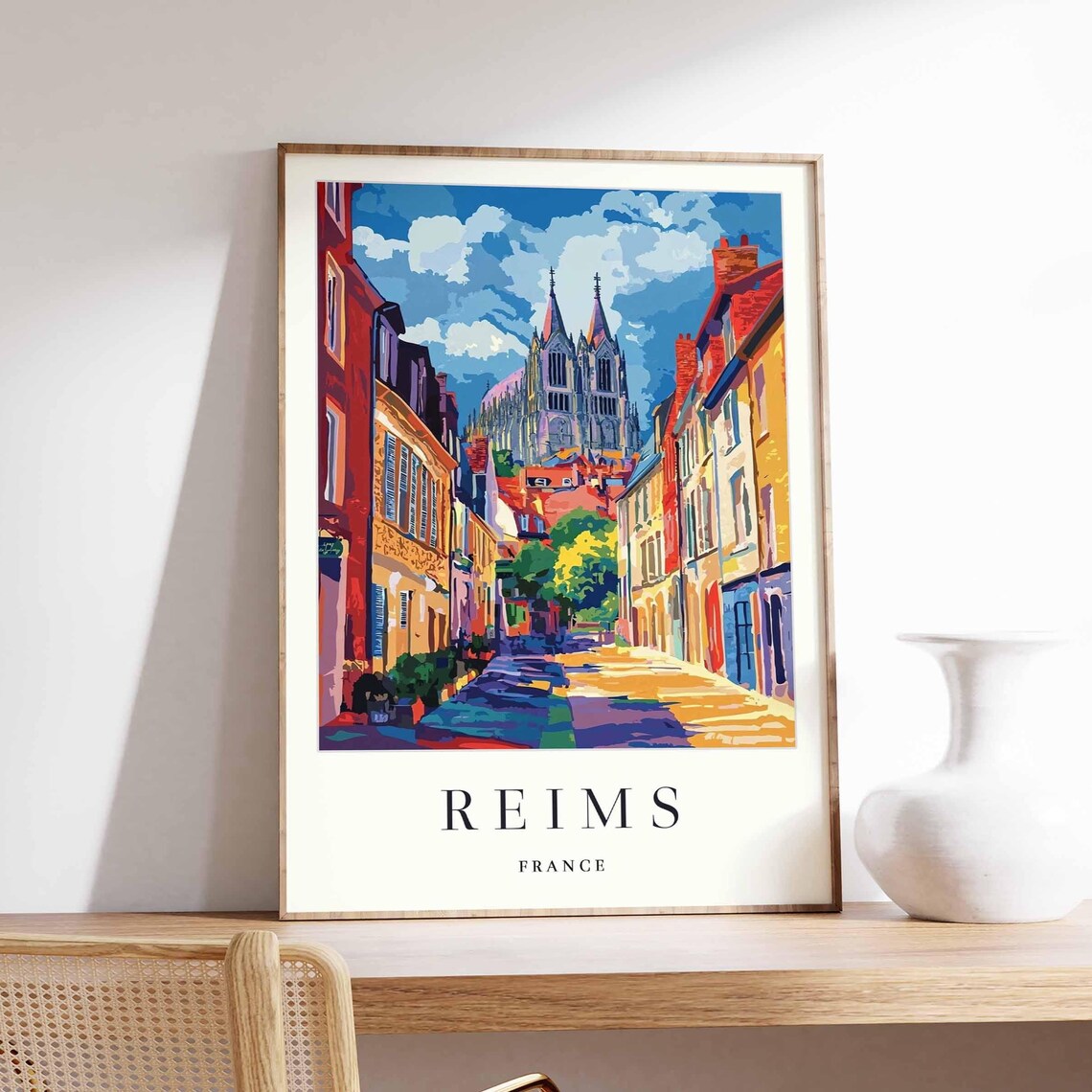 Reims France Vibrant Colorful Street Cathedral Artwork Poster