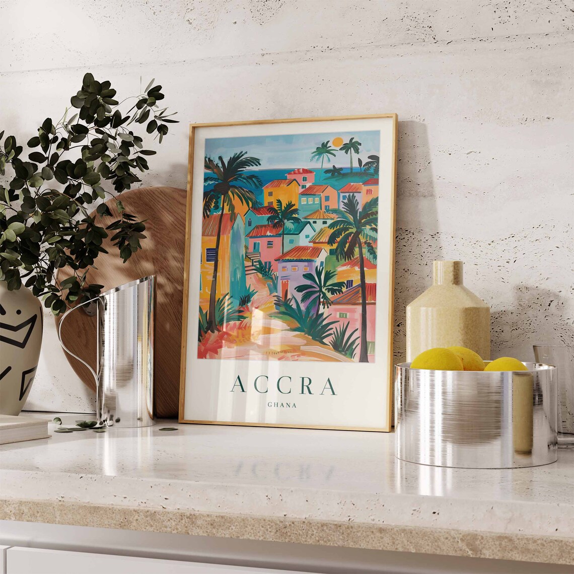 Accra Ghana Colorful Village Travel Poster Palm Tree Africa Art - Image 3