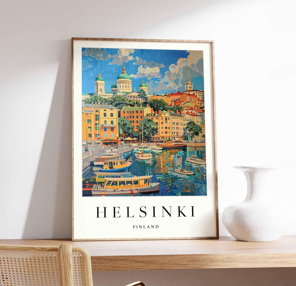 Helsinki Finland Cathedral Harbor Colorful Boats Travel Poster