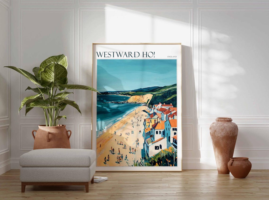 Westward Ho Busy Sandy Beach White Houses Cliffs Sunny Art Poster - Image 2