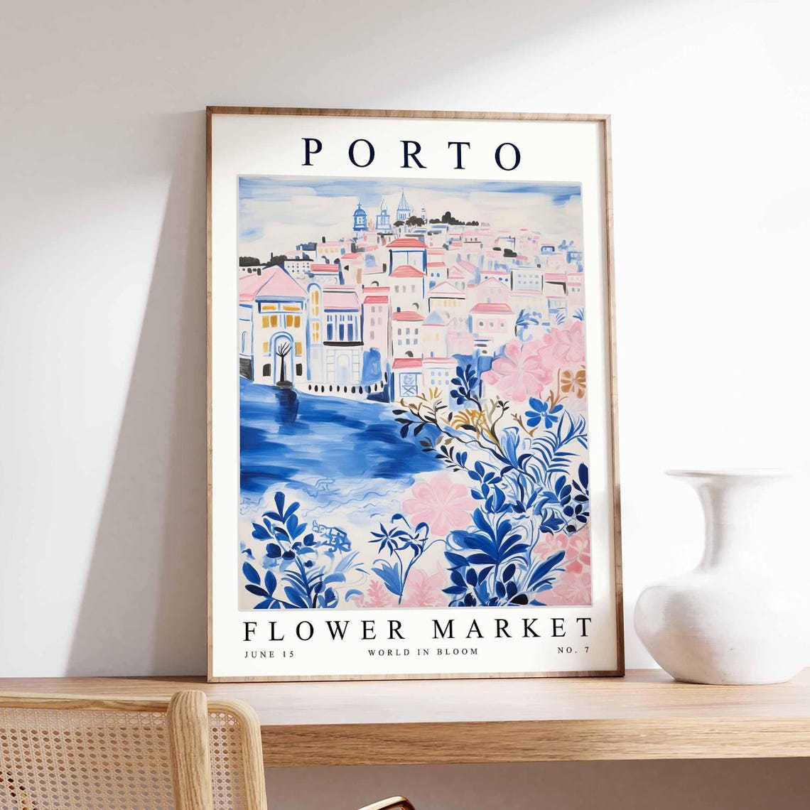 Porto Azulejo Blue Pink Riverside Old Town Floral Travel Poster