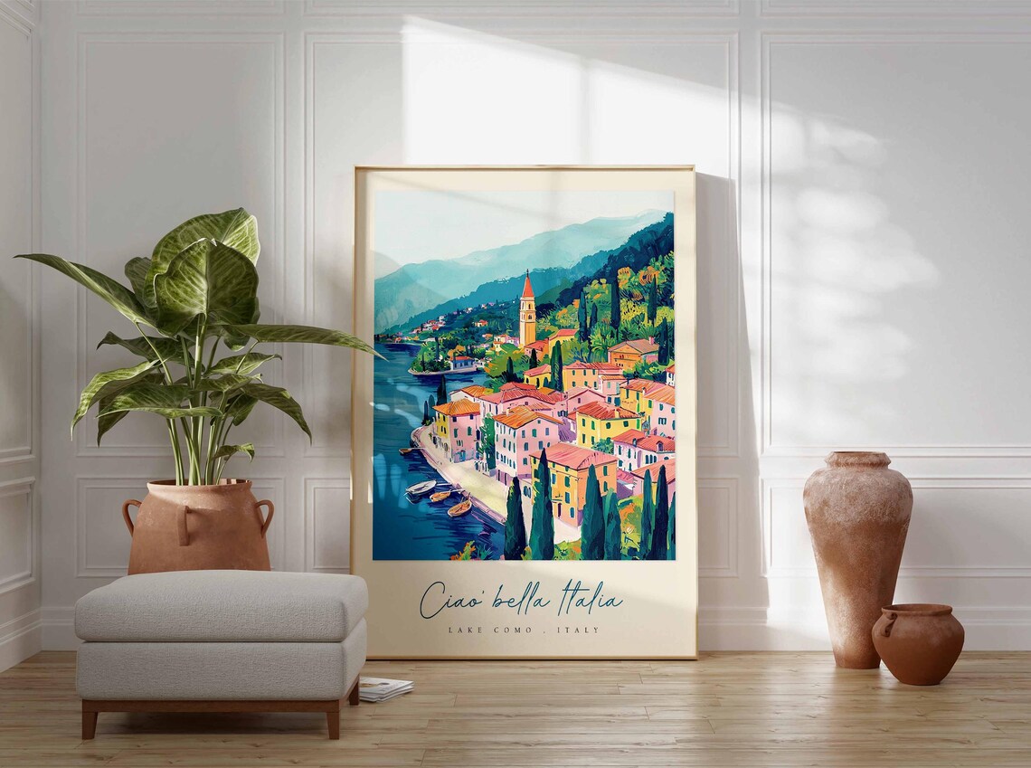 Lake Como Italy Village Church Tower Boats Cypress Travel Poster - Image 3