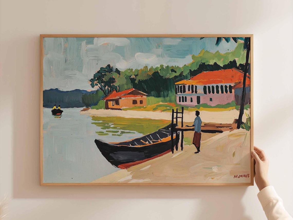 Bangladesh River Village Travel Poster Wooden Boats Watercolor Art