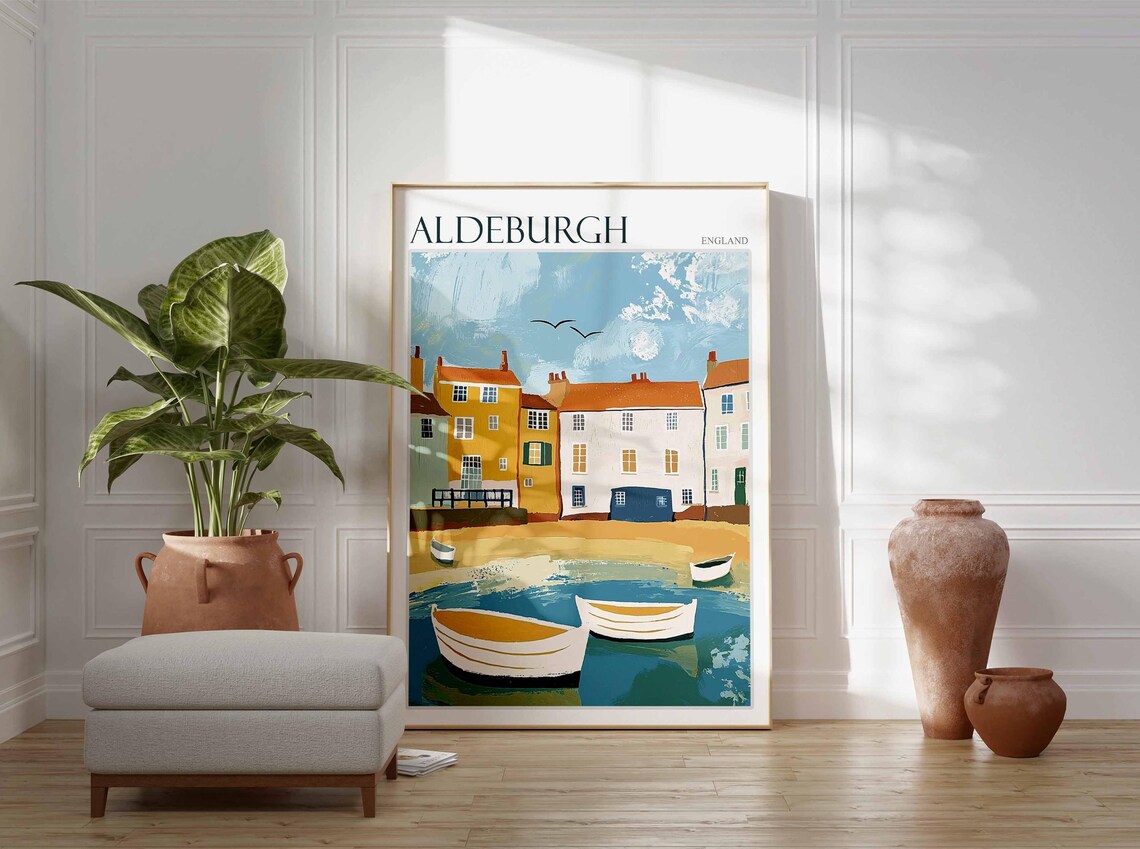 Aldeburgh Suffolk Harbour Boats and Pastel Houses Naive Travel Poster - Image 3