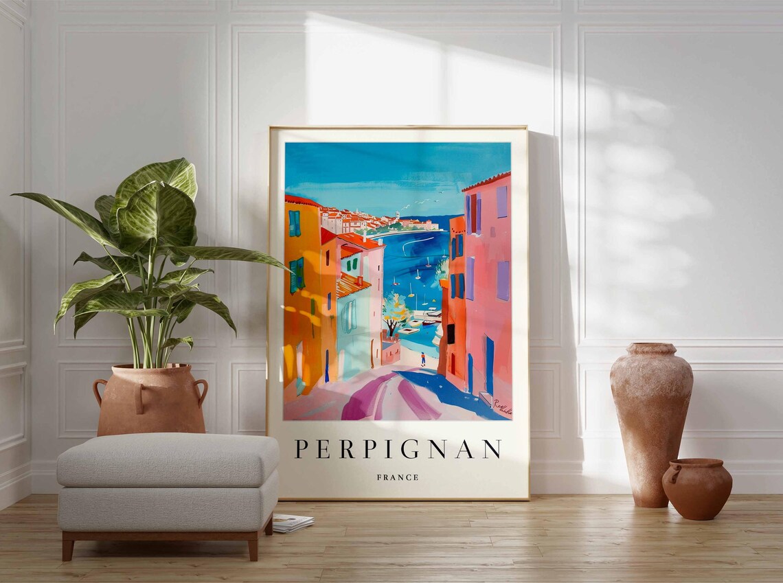 Perpignan France Colorful Alley Street View to Harbor Sailboats Poster - Image 4