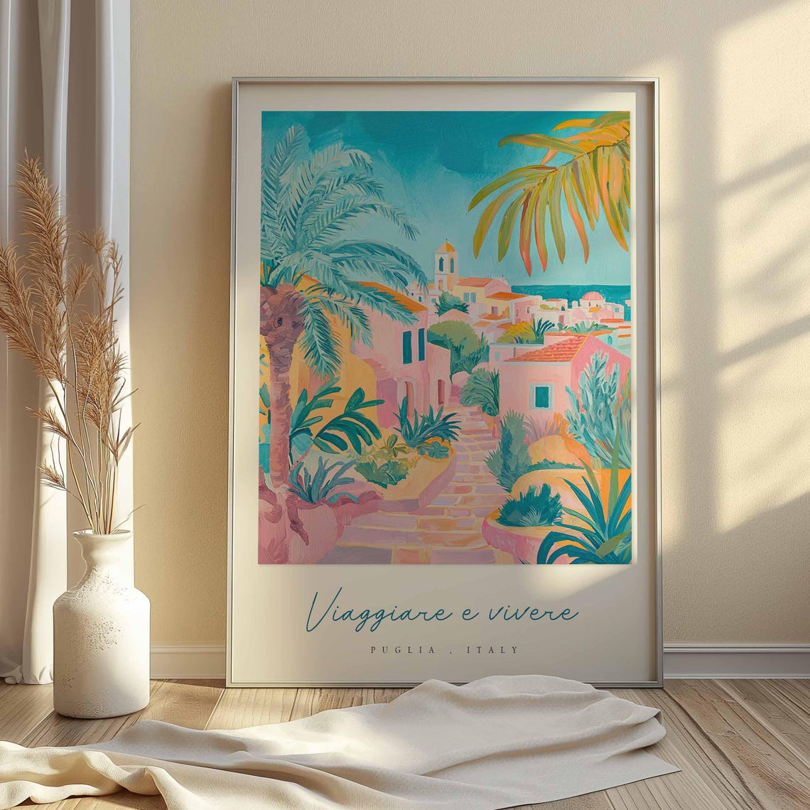 Puglia Italy Palm Framed Pink Path Tropical Flat Style Art Poster - Image 2